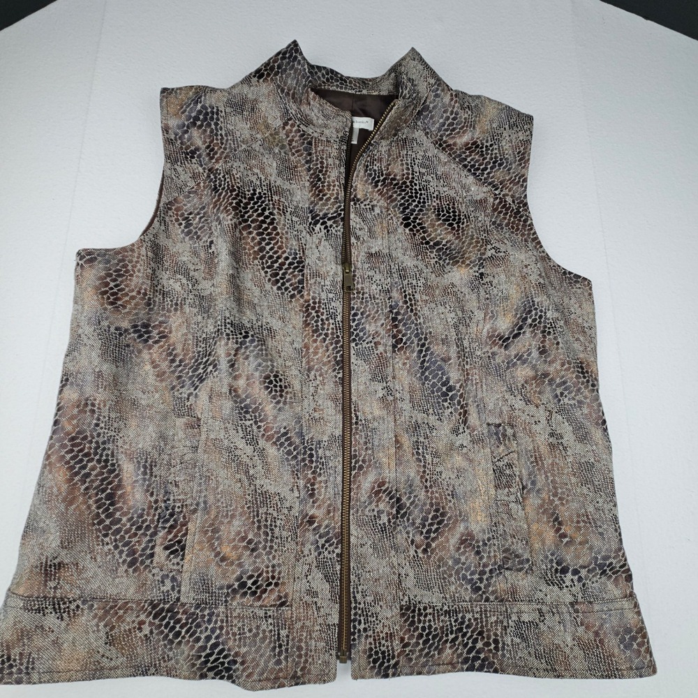 Christopher & Banks Womens Copper Shimmer Snakeskin Print Full Zip Vest Tan M